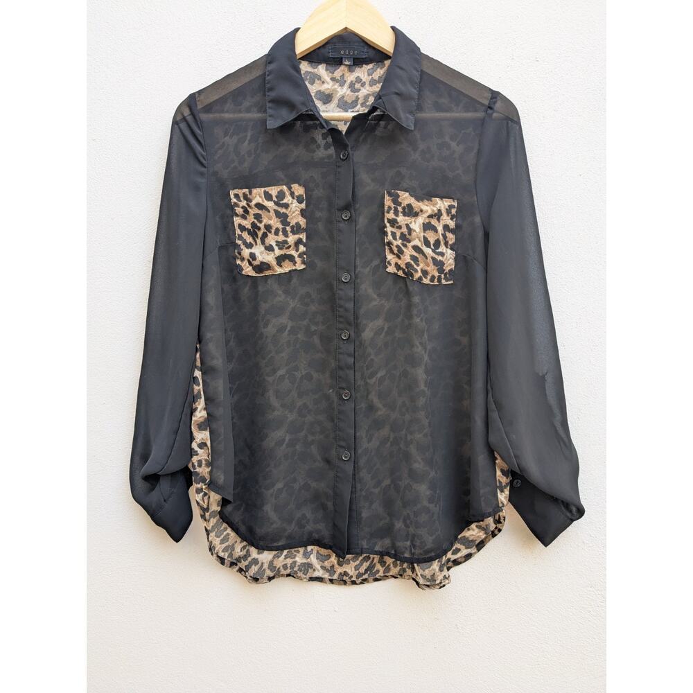 Blouse Women's Cheetah Animal Print Translucent Roll Sleeve Black Size Large